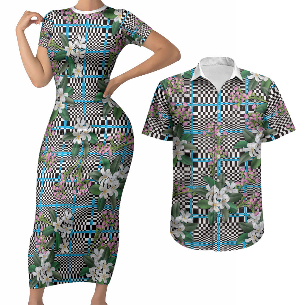 Blue Binakol Motifs With Jasminum Sambac Couples Matching Short Sleeve Bodycon Dress and Hawaiian Shirt Mabuhay Philippines Festival