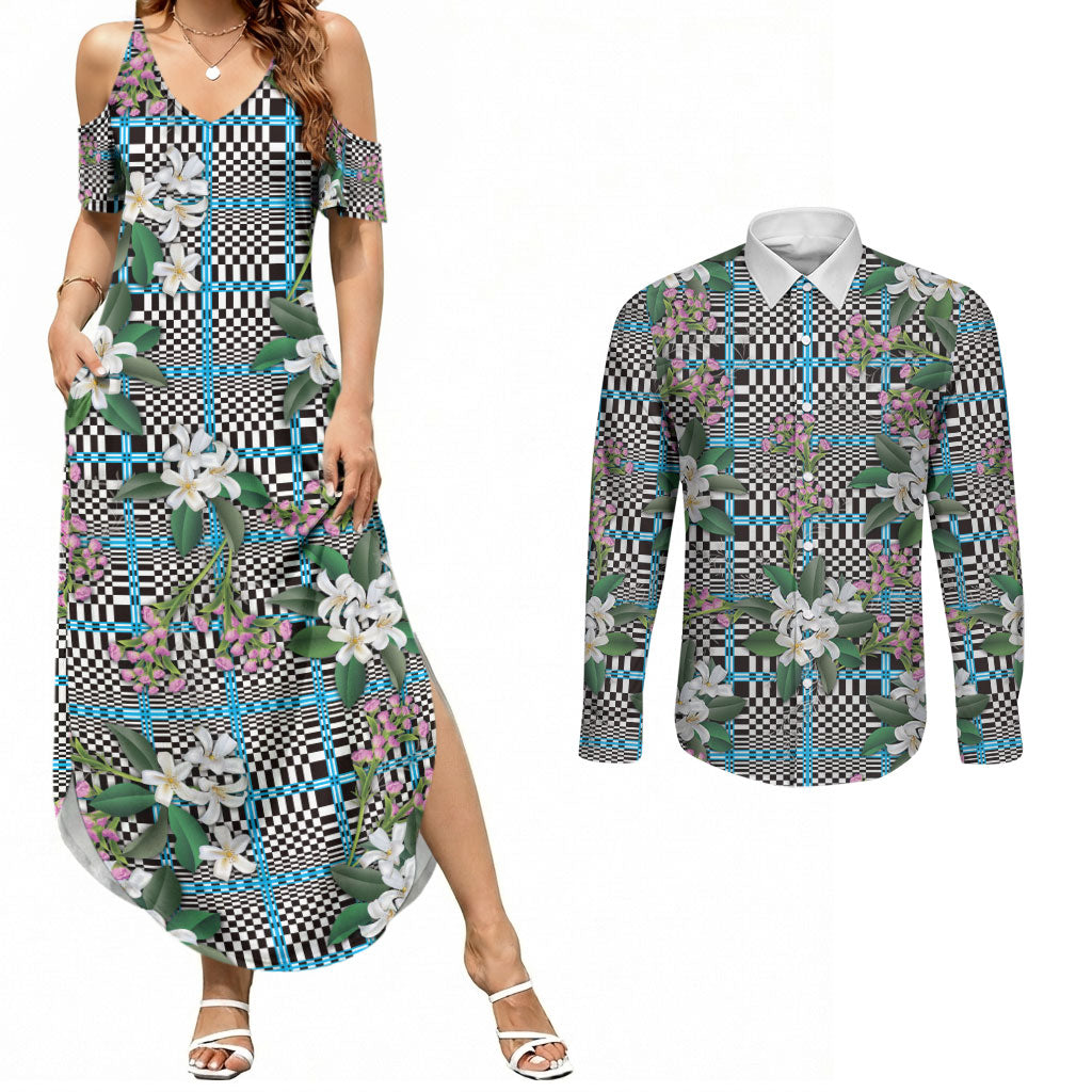 Blue Binakol Motifs With Jasminum Sambac Couples Matching Summer Maxi Dress and Long Sleeve Button Shirt Mabuhay Philippines Festival