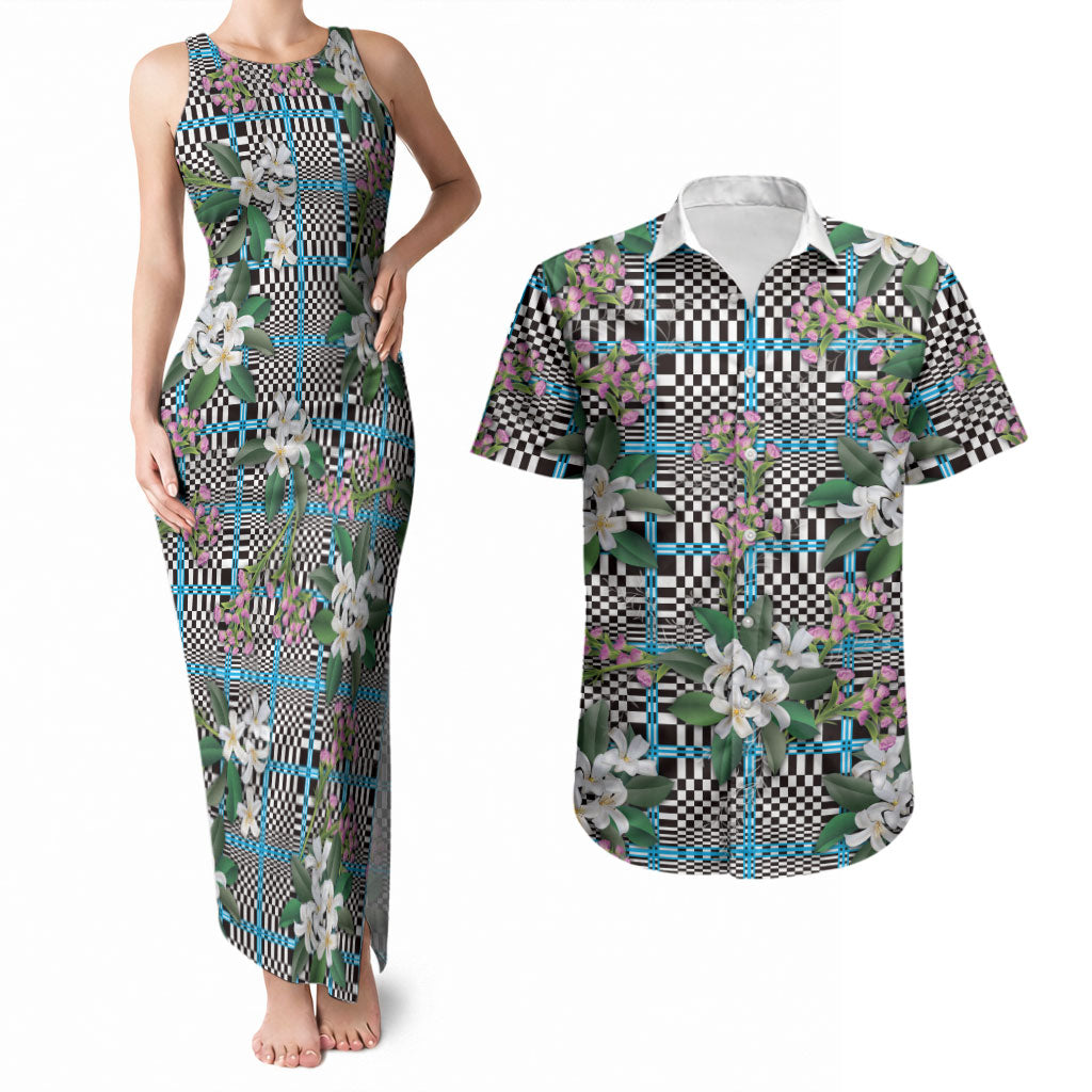 Blue Binakol Motifs With Jasminum Sambac Couples Matching Tank Maxi Dress and Hawaiian Shirt Mabuhay Philippines Festival