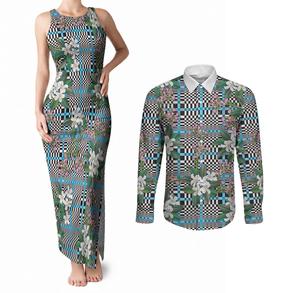 Blue Binakol Motifs With Jasminum Sambac Couples Matching Tank Maxi Dress and Long Sleeve Button Shirt Mabuhay Philippines Festival