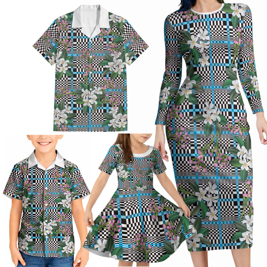Blue Binakol Motifs With Jasminum Sambac Family Matching Long Sleeve Bodycon Dress and Hawaiian Shirt Mabuhay Philippines Festival DT05 - Polynesian Pride