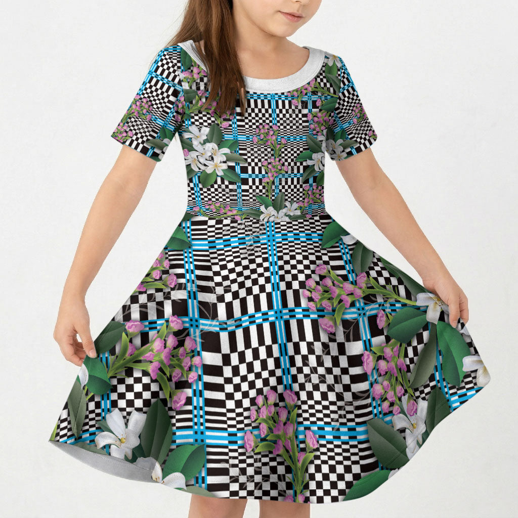 Blue Binakol Motifs With Jasminum Sambac Kid Short Sleeve Dress Mabuhay Philippines Festival DT05 KID Blue - Polynesian Pride