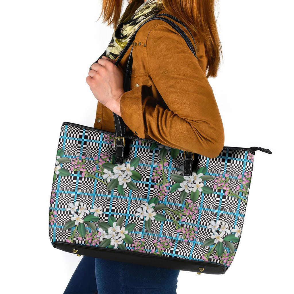 Blue Binakol Motifs With Jasminum Sambac Leather Tote Bag Mabuhay Philippines Festival DT05 Blue - Polynesian Pride