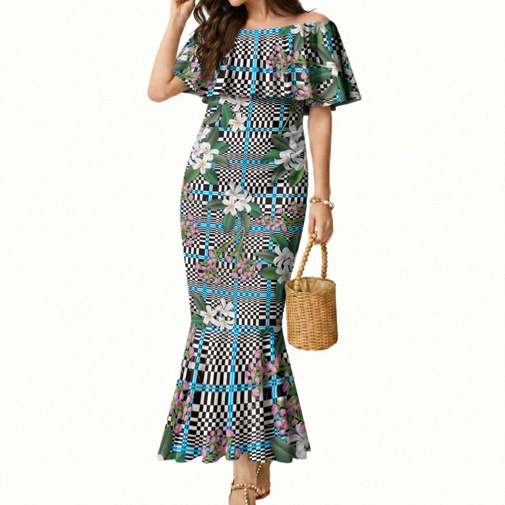 Blue Binakol Motifs With Jasminum Sambac Mermaid Dress Mabuhay Philippines Festival DT05 Women Blue - Polynesian Pride