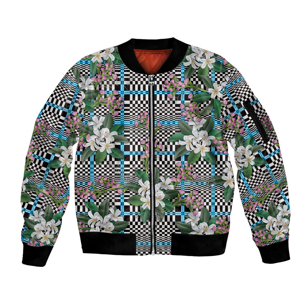 Blue Binakol Motifs With Jasminum Sambac Sleeve Zip Bomber Jacket Mabuhay Philippines Festival DT05 Unisex Blue - Polynesian Pride
