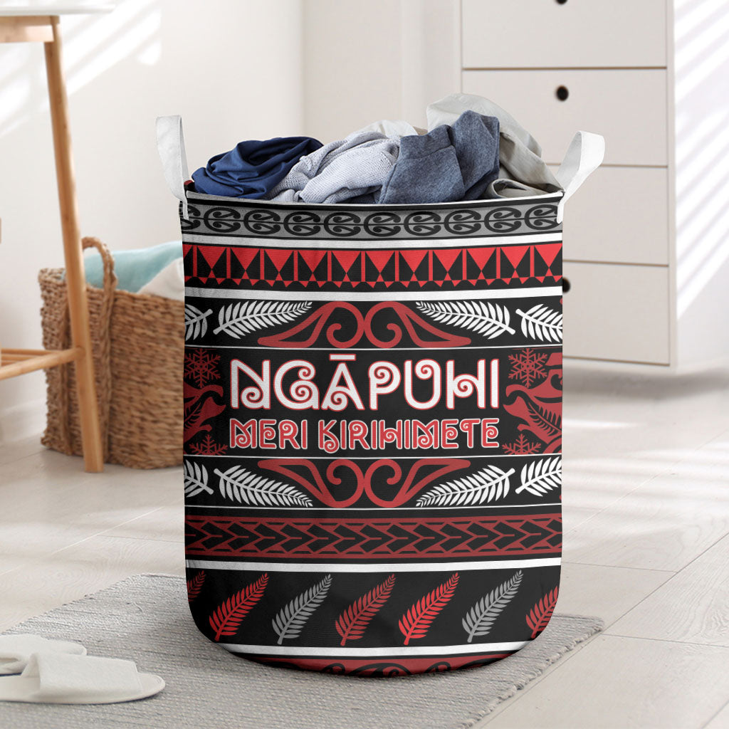 Ngapuhi Aotearoa Meri Kirihimete Laundry Basket Maori Silver Fern Koru Tribal Pattern