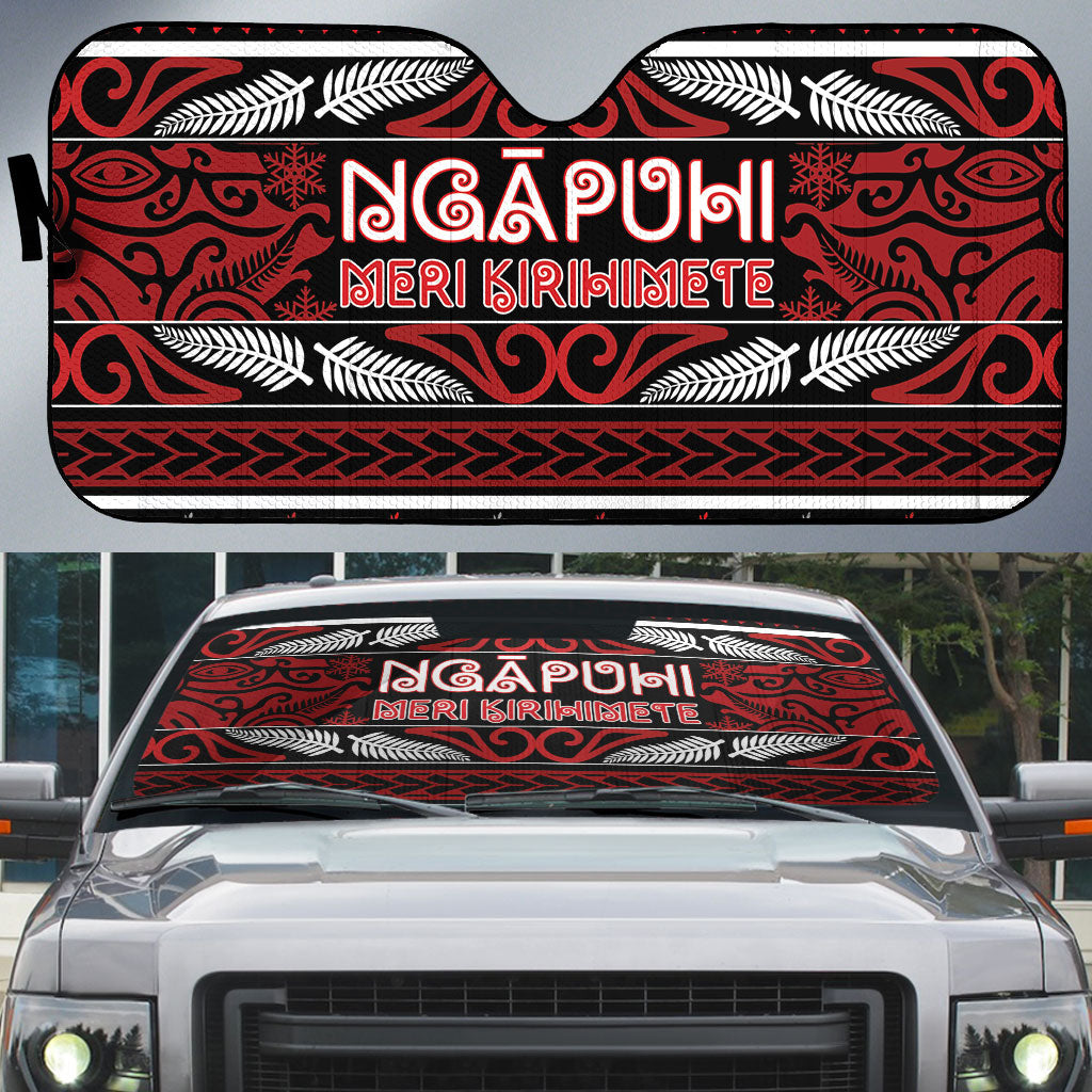 Ngapuhi Aotearoa Meri Kirihimete Auto Sun Shade Maori Silver Fern Koru Tribal Pattern
