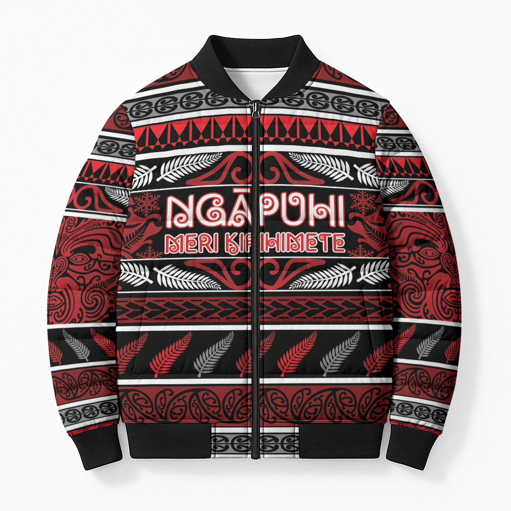 Personalised Ngapuhi Aotearoa Meri Kirihimete Bomber Puffer Jacket Maori Silver Fern Koru Tribal Pattern