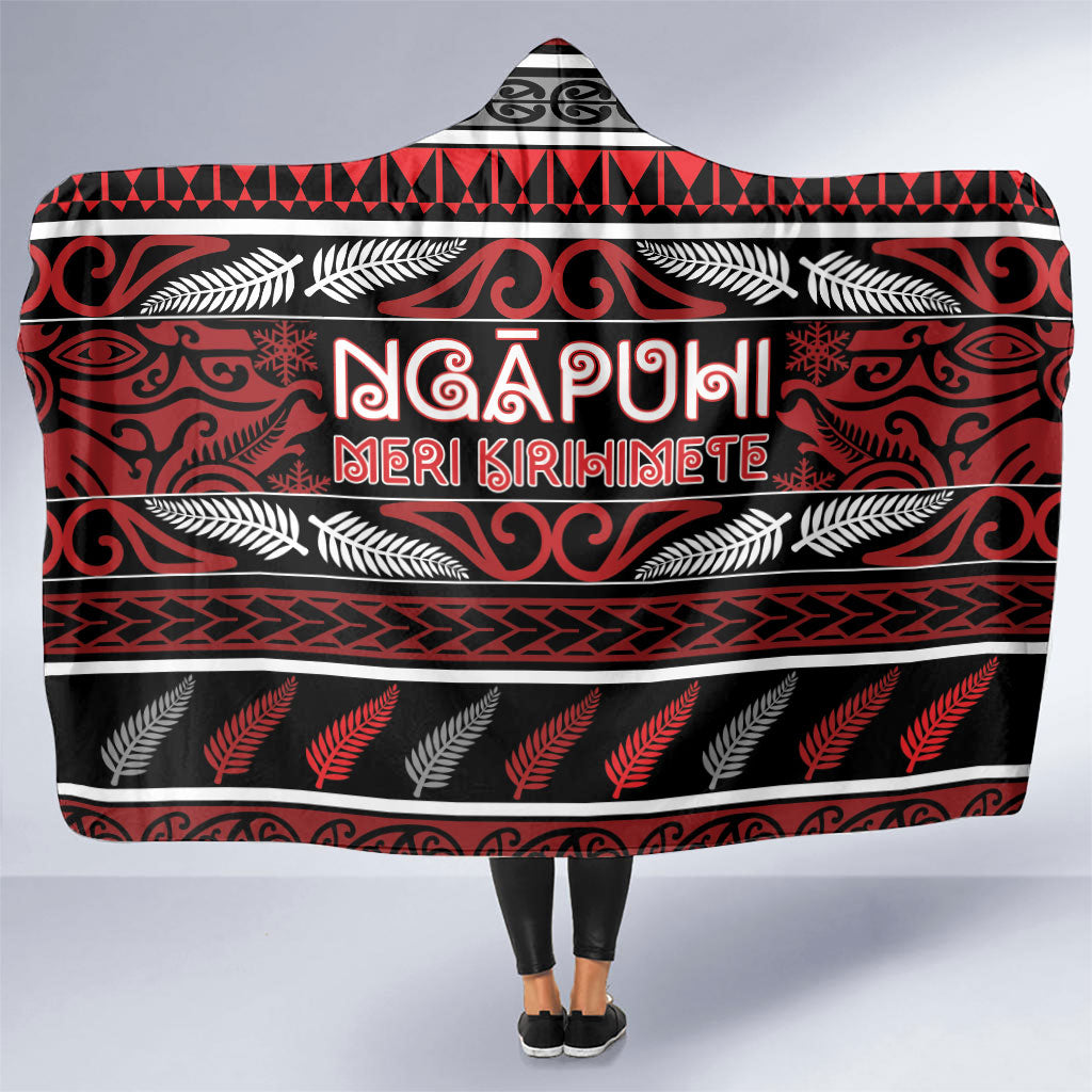 Ngapuhi Aotearoa Meri Kirihimete Hooded Blanket Maori Silver Fern Koru Tribal Pattern DT05 One Size Red - Polynesian Pride