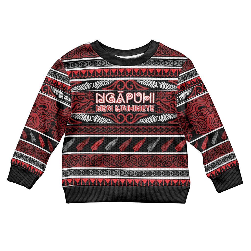 Personalised Ngapuhi Aotearoa Meri Kirihimete Kid Ugly Christmas Sweater Maori Silver Fern Koru Tribal Pattern DT05 Kid Red - Polynesian Pride