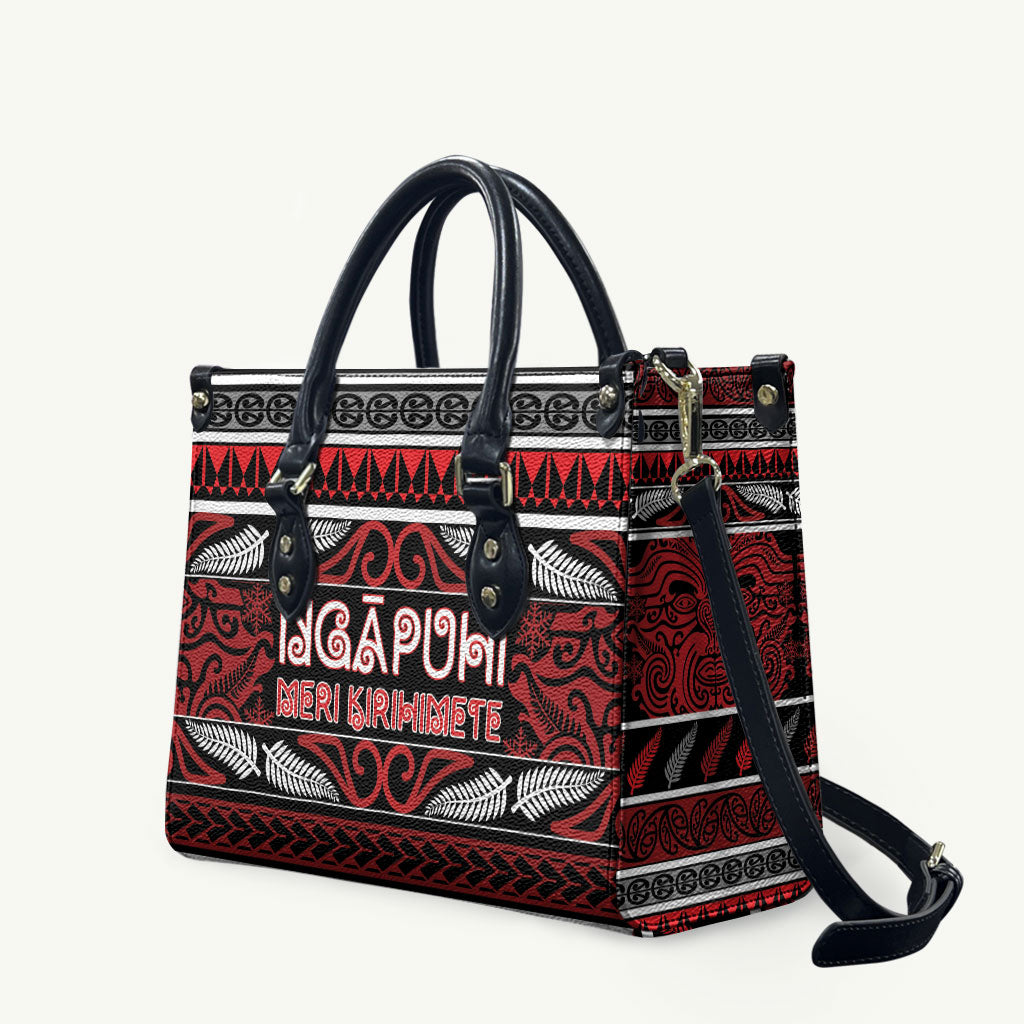 Ngapuhi Aotearoa Meri Kirihimete Leather Bag Maori Silver Fern Koru Tribal Pattern DT05 Red - Polynesian Pride