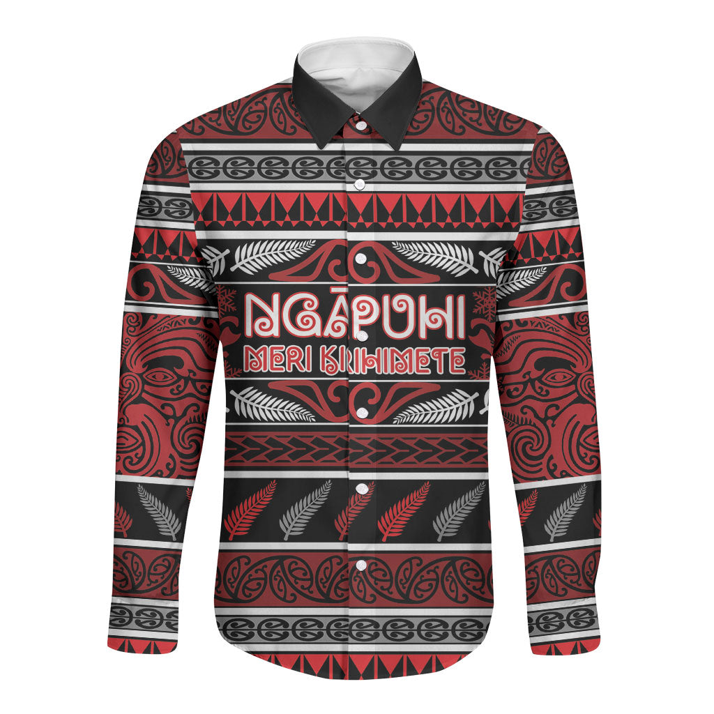Personalised Ngapuhi Aotearoa Meri Kirihimete Long Sleeve Button Shirt Maori Silver Fern Koru Tribal Pattern DT05 Unisex Red - Polynesian Pride