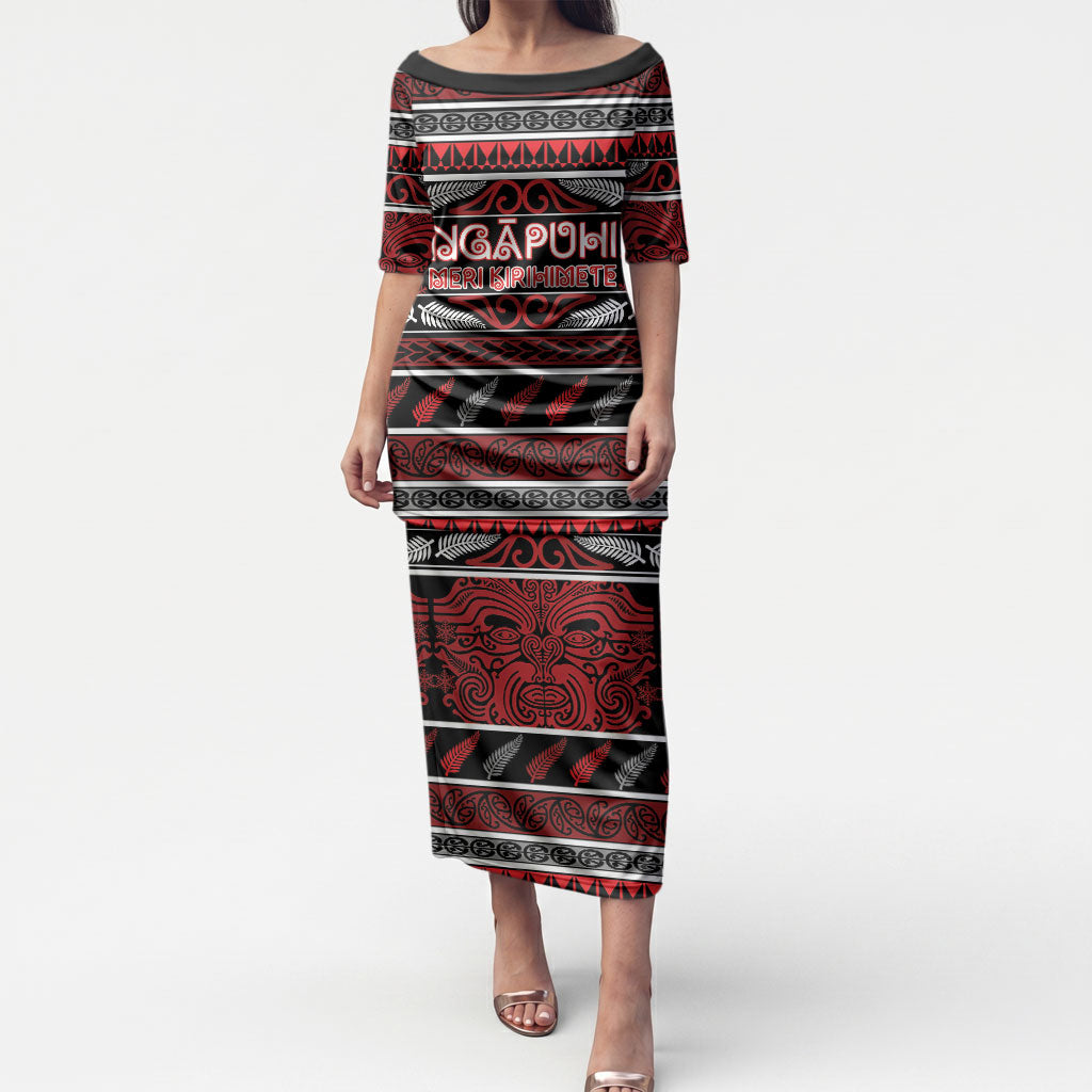 Personalised Ngapuhi Aotearoa Meri Kirihimete Puletasi Maori Silver Fern Koru Tribal Pattern DT05 Long Dress Red - Polynesian Pride