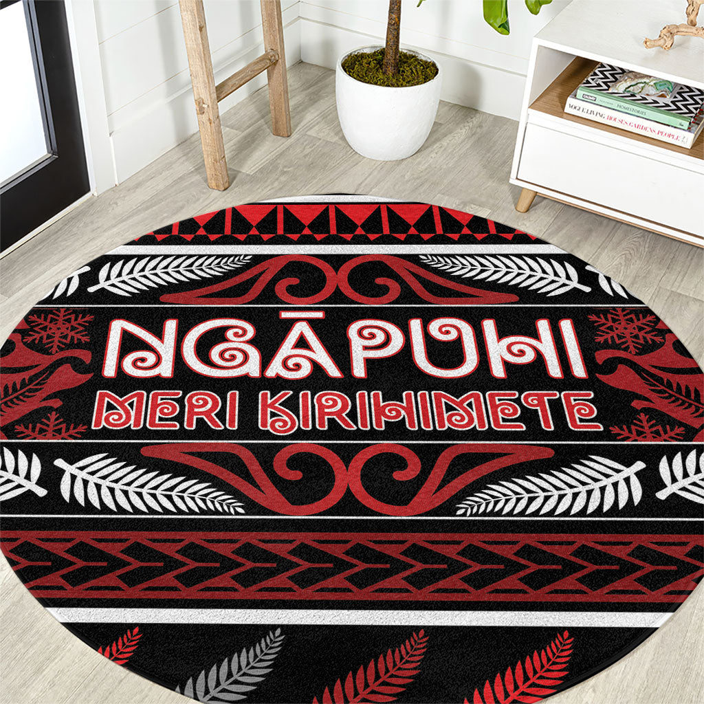 Ngapuhi Aotearoa Meri Kirihimete Round Carpet Maori Silver Fern Koru Tribal Pattern