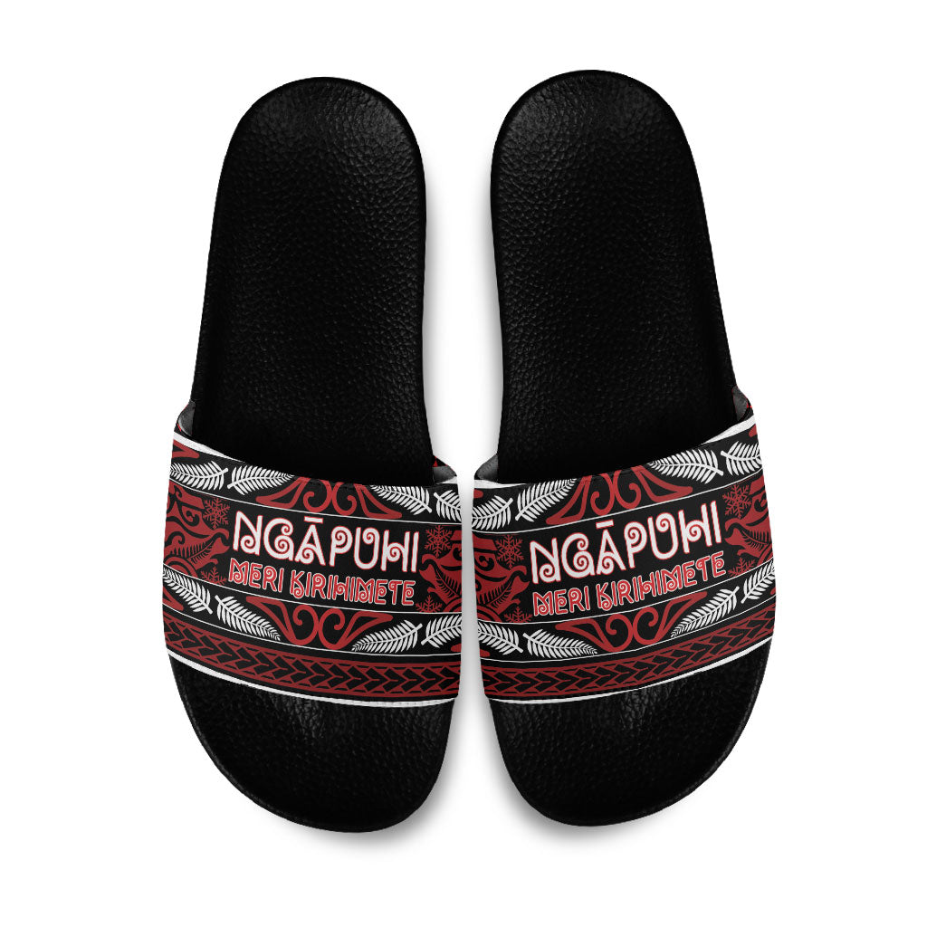 Ngapuhi Aotearoa Meri Kirihimete Slide Sandals Maori Silver Fern Koru Tribal Pattern