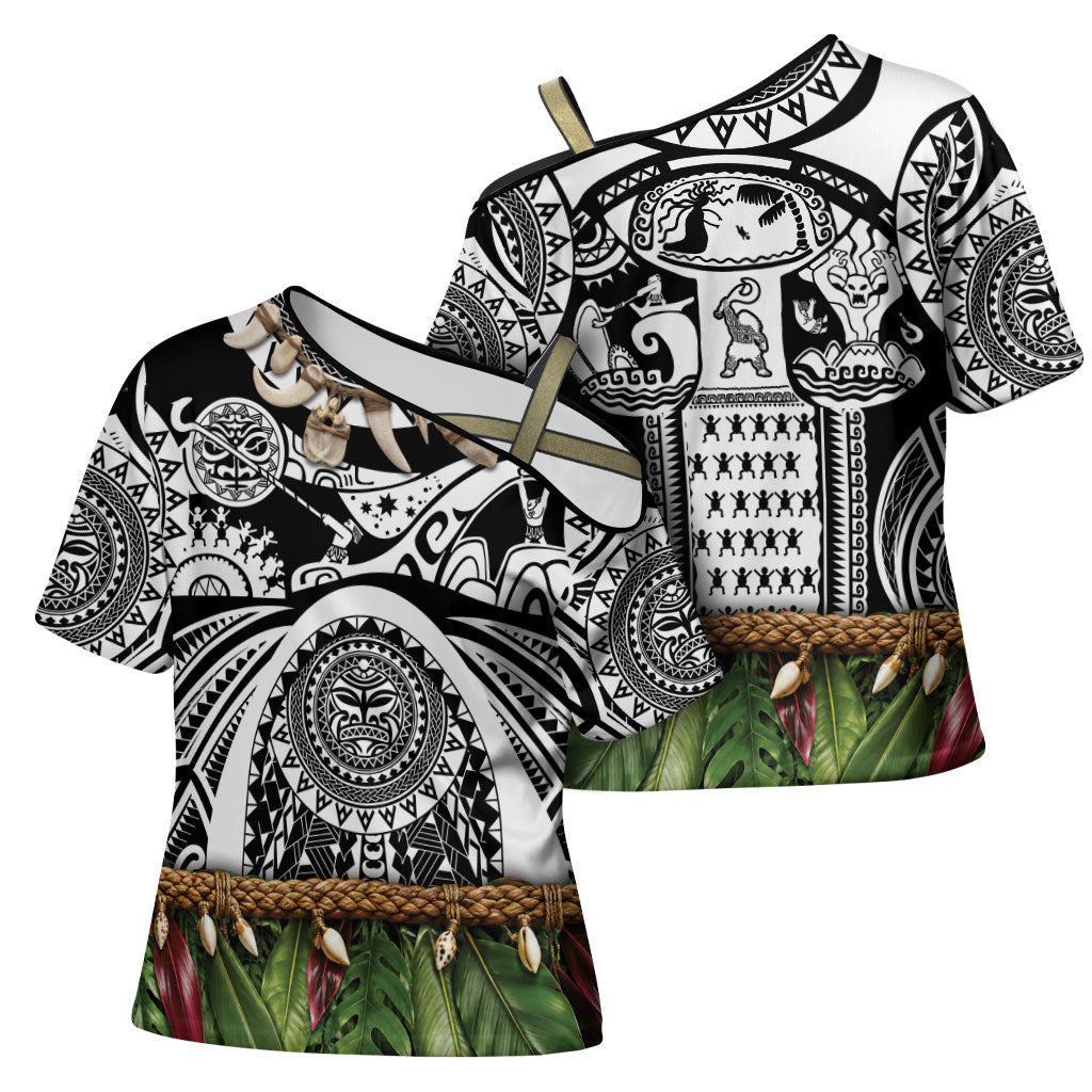 Polynesia Maui Black Tattoo Inspired Cross Shoulder Shirt Tropical Leaf Skirt Costume DT05 - Polynesian Pride