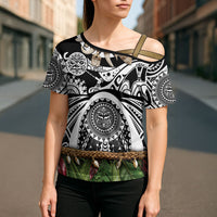 Polynesia Maui Black Tattoo Inspired Cross Shoulder Shirt Tropical Leaf Skirt Costume DT05 - Polynesian Pride