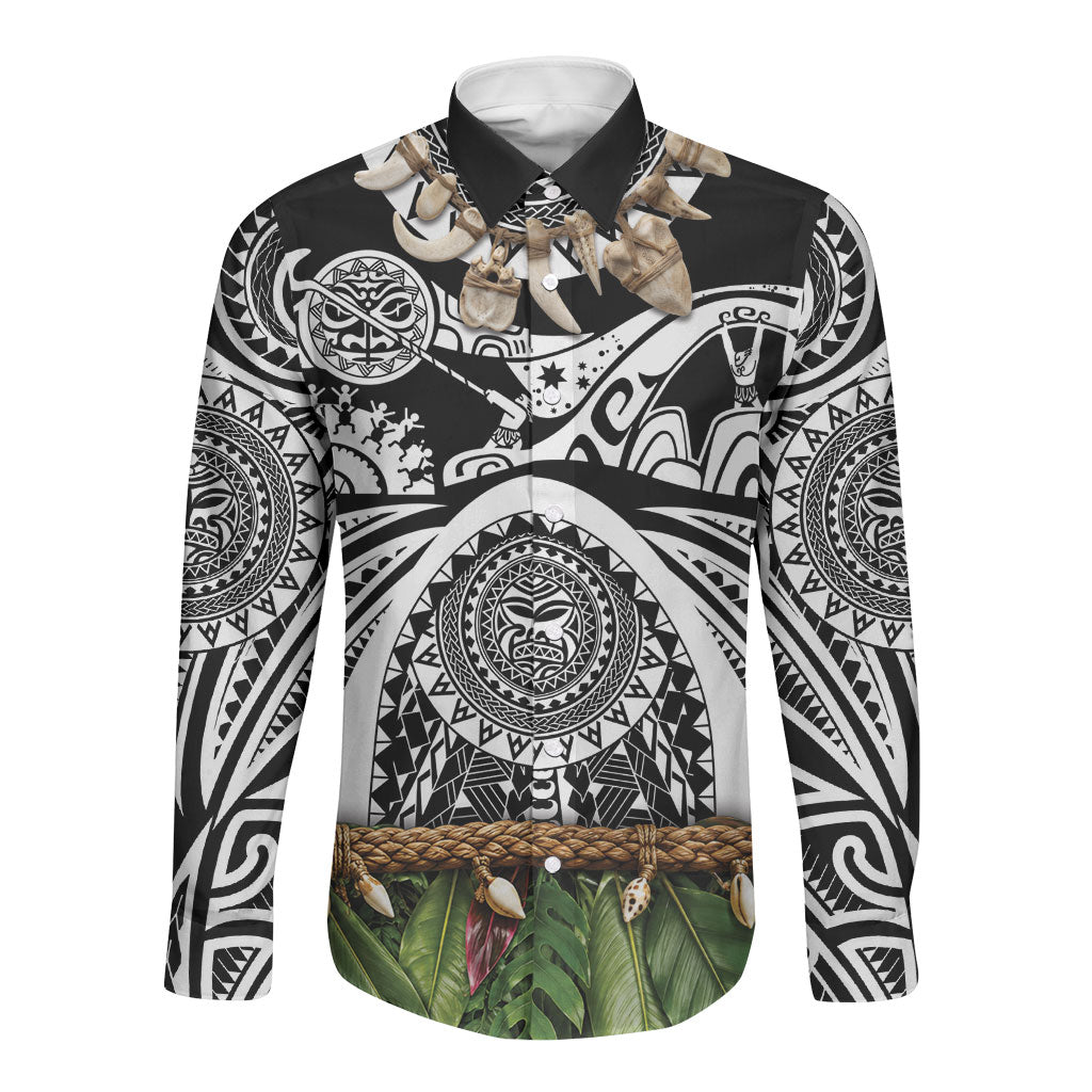 Polynesia Maui Black Tattoo Inspired Long Sleeve Button Shirt Tropical Leaf Skirt Costume DT05 Unisex Black - Polynesian Pride