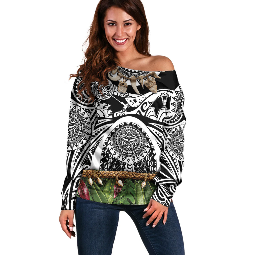 Polynesia Maui Black Tattoo Inspired Off Shoulder Sweater Tropical Leaf Skirt Costume DT05 Women Black - Polynesian Pride
