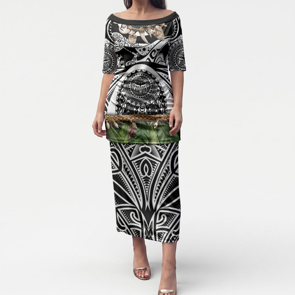 Polynesia Maui Black Tattoo Inspired Puletasi Tropical Leaf Skirt Costume DT05 Long Dress Black - Polynesian Pride