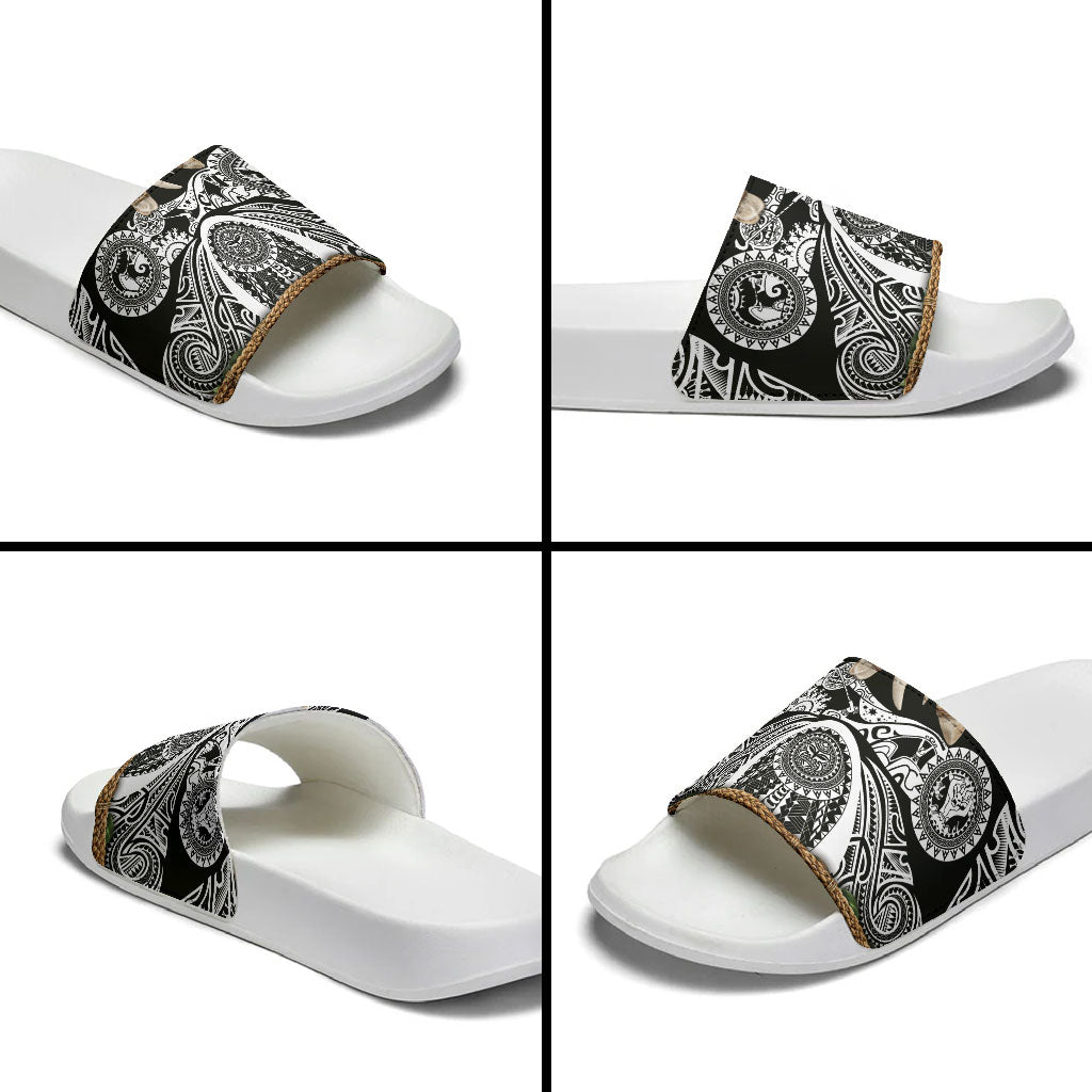 Polynesia Maui Black Tattoo Inspired Slide Sandals Tropical Leaf Skirt Costume