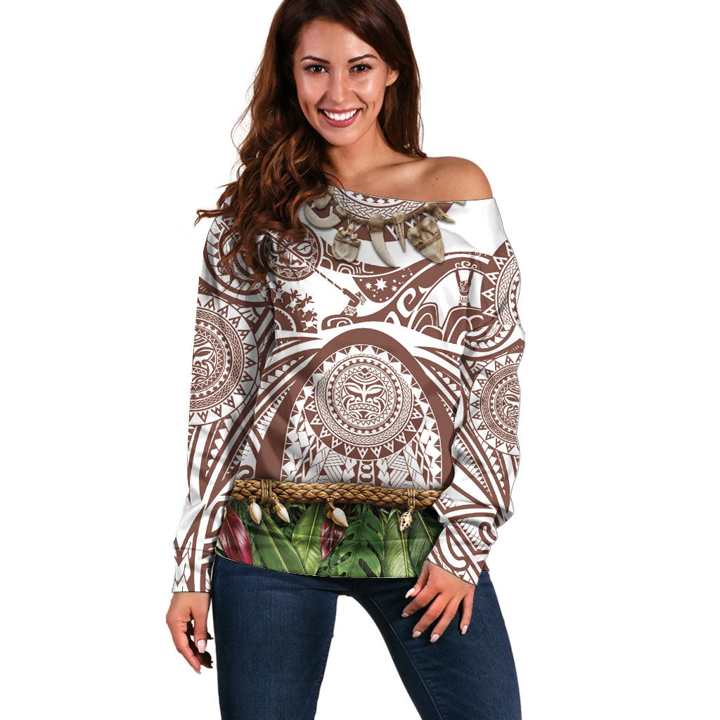 Polynesia Maui Umber Tattoo Inspired Off Shoulder Sweater Tropical Leaf Skirt Costume DT05 Women Brown - Polynesian Pride