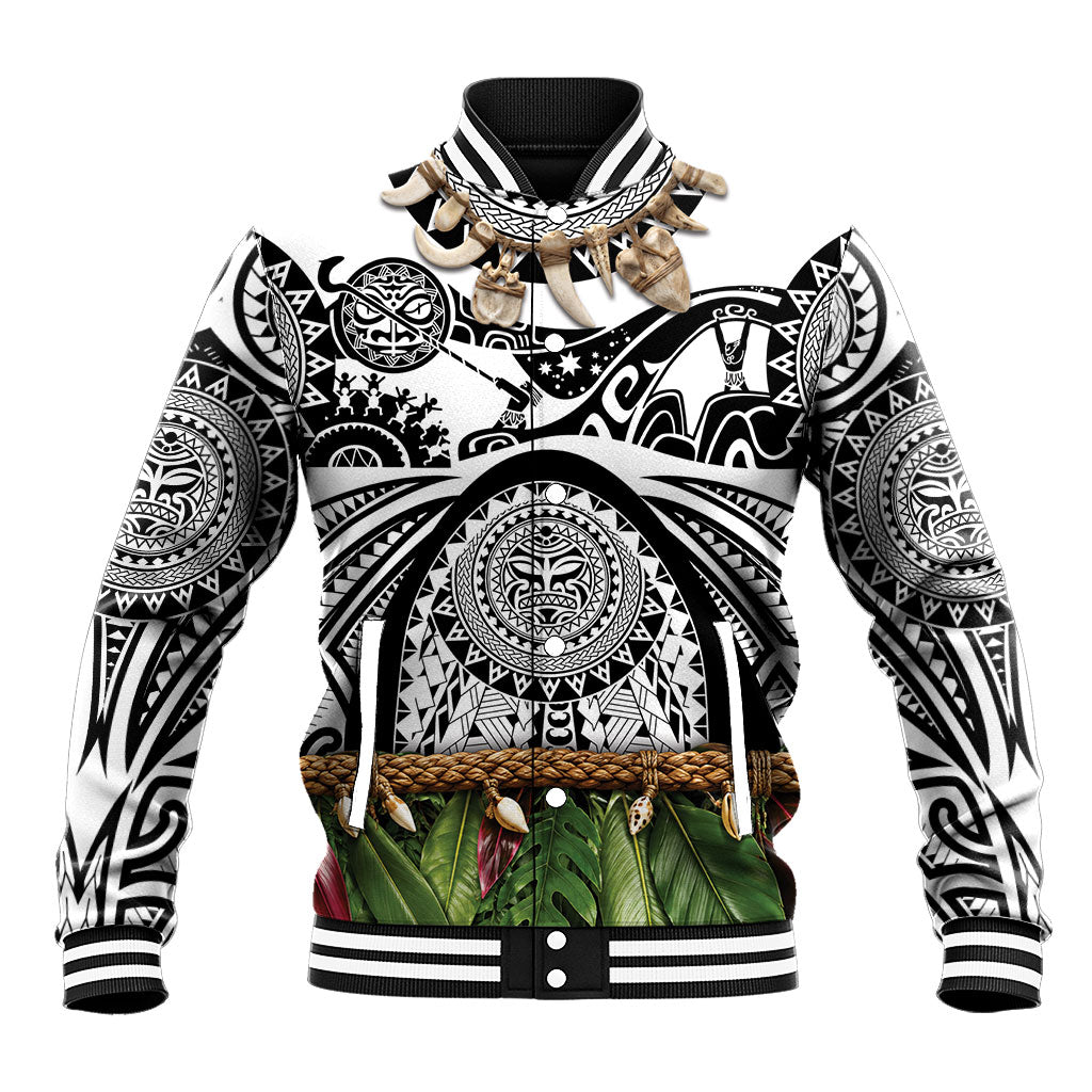 Polynesia Maui White Tattoo Inspired Baseball Jacket Tropical Leaf Skirt Costume DT05 Unisex White - Polynesian Pride