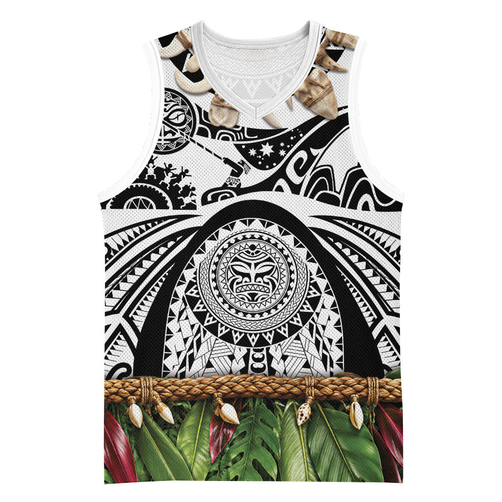 Polynesia Maui White Tattoo Inspired Basketball Jersey Tropical Leaf Skirt Costume DT05 Unisex White - Polynesian Pride