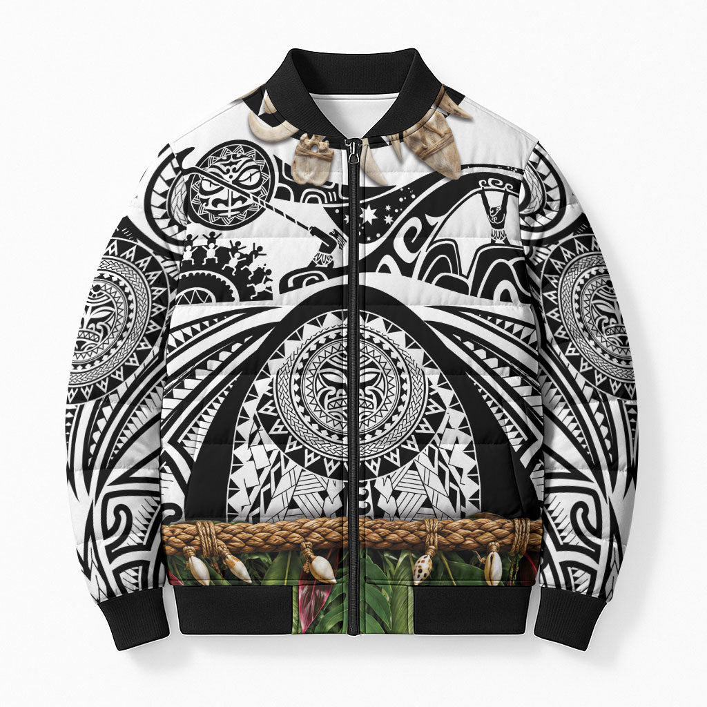 Polynesia Maui White Tattoo Inspired Bomber Puffer Jacket Tropical Leaf Skirt Costume