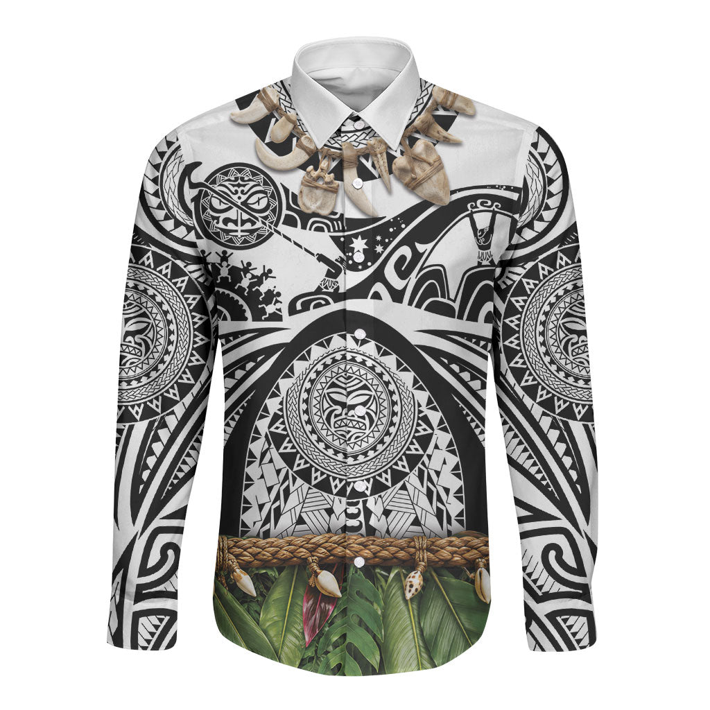 Polynesia Maui White Tattoo Inspired Long Sleeve Button Shirt Tropical Leaf Skirt Costume DT05 Unisex White - Polynesian Pride