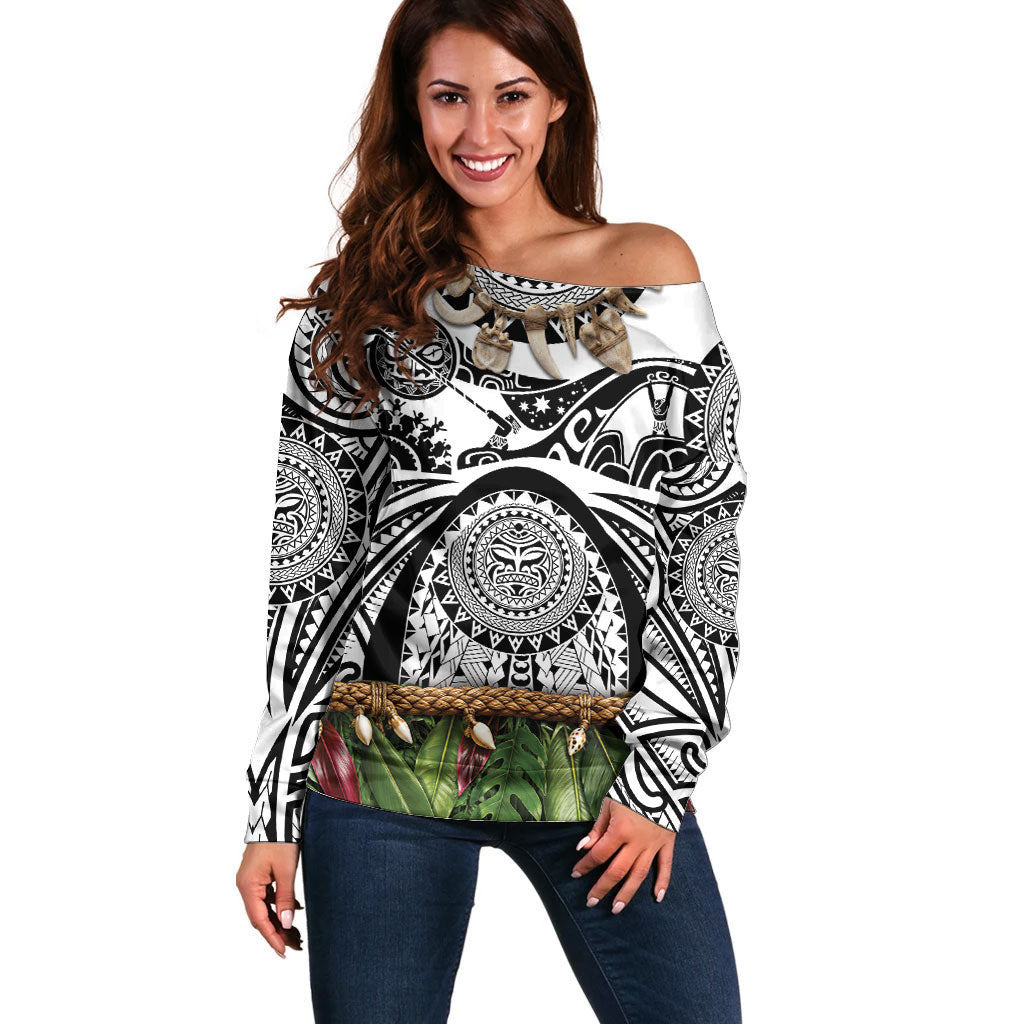 Polynesia Maui White Tattoo Inspired Off Shoulder Sweater Tropical Leaf Skirt Costume DT05 Women White - Polynesian Pride