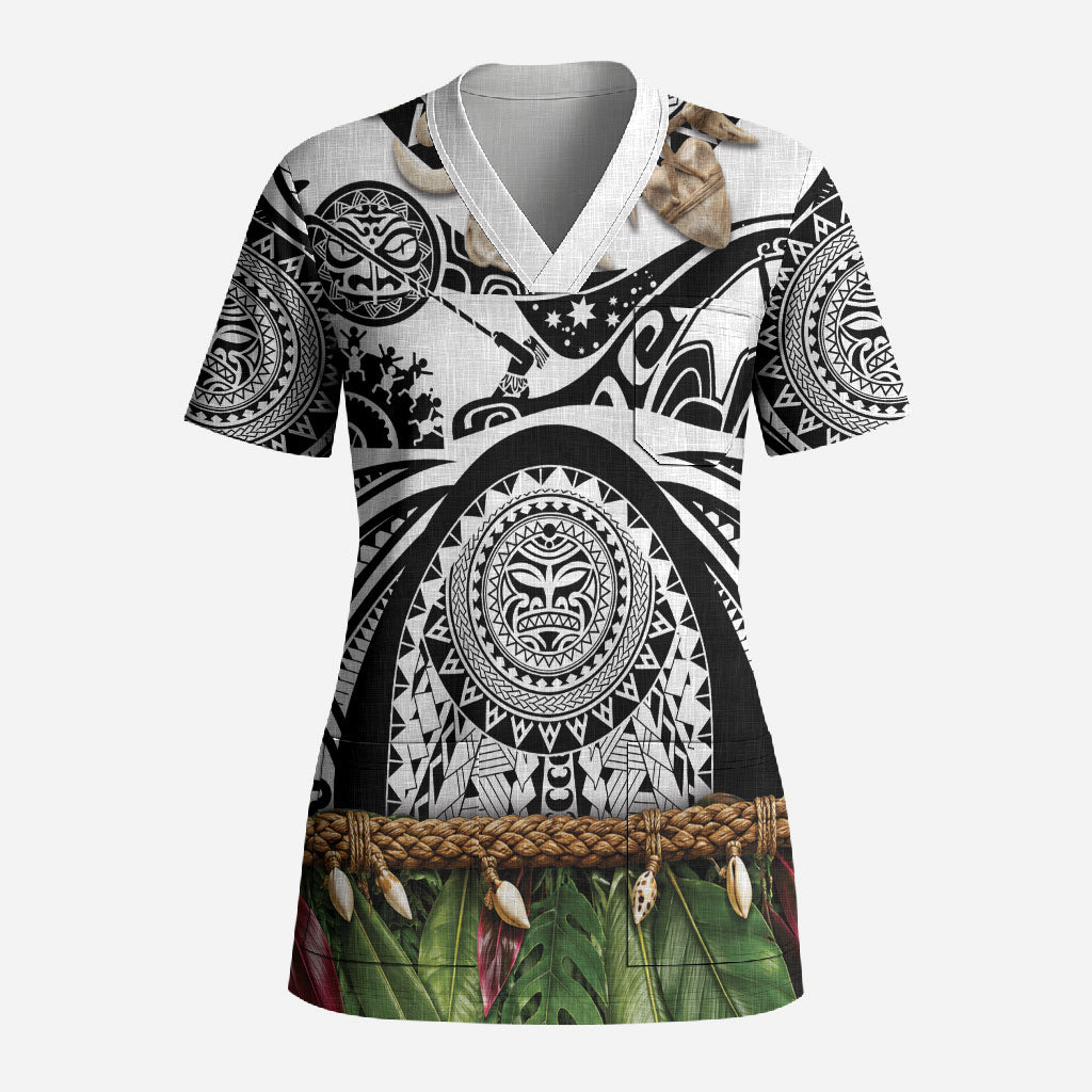 Polynesia Maui White Tattoo Inspired Scrub Top Tropical Leaf Skirt Costume DT05 Adult White - Polynesian Pride