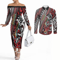 Personalised Maori Language Week Couples Matching Off The Shoulder Long Sleeve Dress and Long Sleeve Button Shirt Ake Ake Ake Tribal Patterns