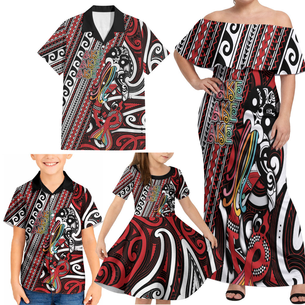 Personalised Maori Language Week Family Matching Off Shoulder Maxi Dress and Hawaiian Shirt Ake Ake Ake Tribal Patterns