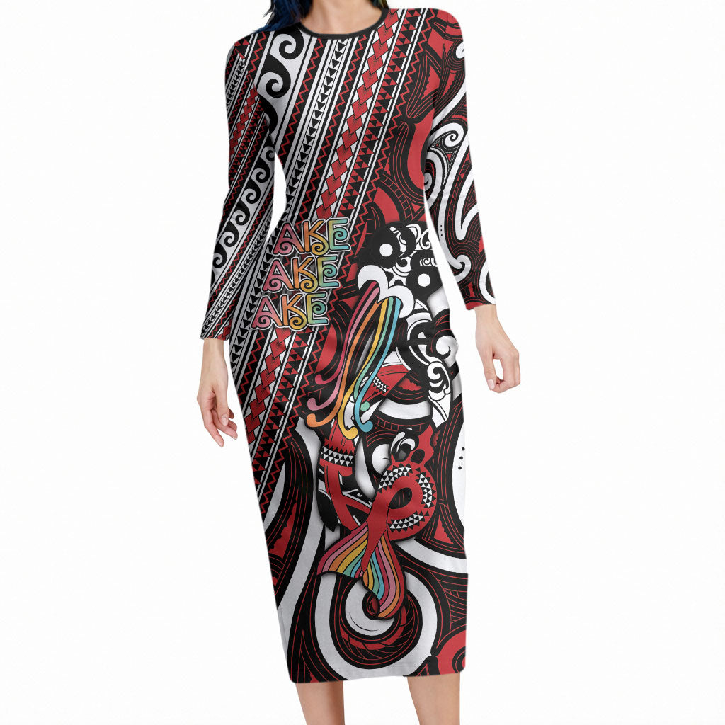 Personalised Maori Language Week Long Sleeve Bodycon Dress Ake Ake Ake Tribal Patterns DT05 Long Dress Red - Polynesian Pride