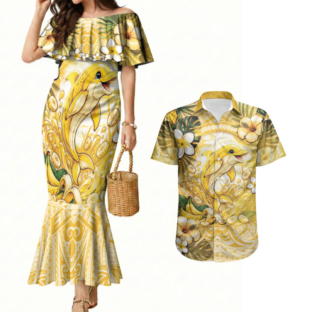 Hawaii Banana Dolphin Couples Matching Mermaid Dress and Hawaiian Shirt Cute Cosplay Naiʻa Fish Tribal Patterns DT05 Yellow - Polynesian Pride