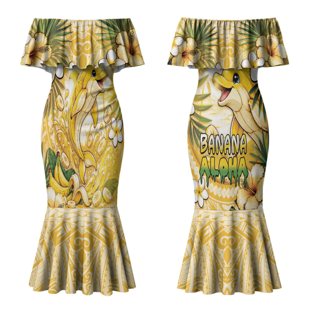 Hawaii Banana Dolphin Couples Matching Mermaid Dress and Long Sleeve Button Shirt Cute Cosplay Naiʻa Fish Tribal Patterns DT05 - Polynesian Pride