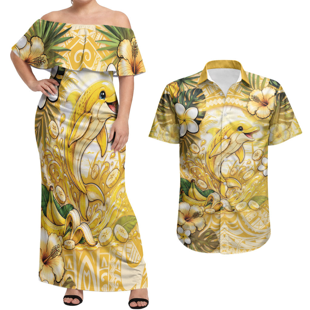 Hawaii Banana Dolphin Couples Matching Off Shoulder Maxi Dress and Hawaiian Shirt Cute Cosplay Naiʻa Fish Tribal Patterns DT05 Yellow - Polynesian Pride