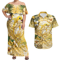 Hawaii Banana Dolphin Couples Matching Off Shoulder Maxi Dress and Hawaiian Shirt Cute Cosplay Naiʻa Fish Tribal Patterns DT05 Yellow - Polynesian Pride