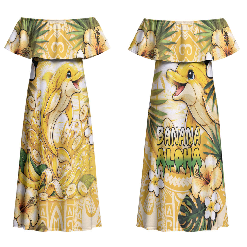 Hawaii Banana Dolphin Couples Matching Off Shoulder Maxi Dress and Long Sleeve Button Shirt Cute Cosplay Naiʻa Fish Tribal Patterns DT05 - Polynesian Pride