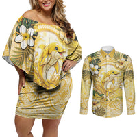 Hawaii Banana Dolphin Couples Matching Off Shoulder Short Dress and Long Sleeve Button Shirt Cute Cosplay Naiʻa Fish Tribal Patterns DT05 Yellow - Polynesian Pride