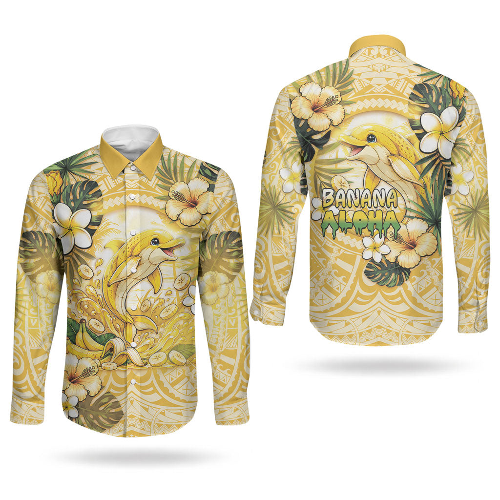 Hawaii Banana Dolphin Couples Matching Off Shoulder Short Dress and Long Sleeve Button Shirt Cute Cosplay Naiʻa Fish Tribal Patterns DT05 - Polynesian Pride