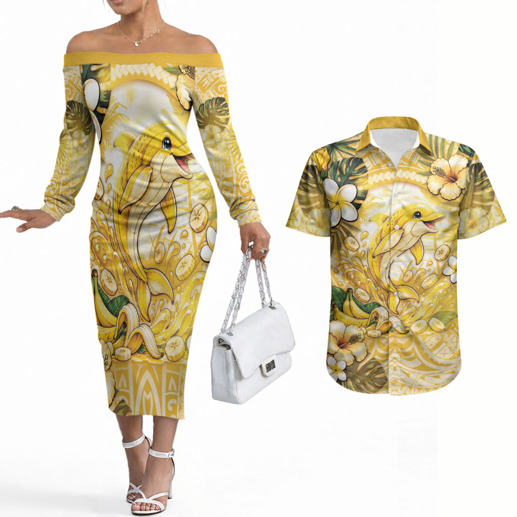 Hawaii Banana Dolphin Couples Matching Off The Shoulder Long Sleeve Dress and Hawaiian Shirt Cute Cosplay Naiʻa Fish Tribal Patterns DT05 Yellow - Polynesian Pride
