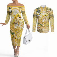 Hawaii Banana Dolphin Couples Matching Off The Shoulder Long Sleeve Dress and Long Sleeve Button Shirt Cute Cosplay Naiʻa Fish Tribal Patterns DT05 Yellow - Polynesian Pride