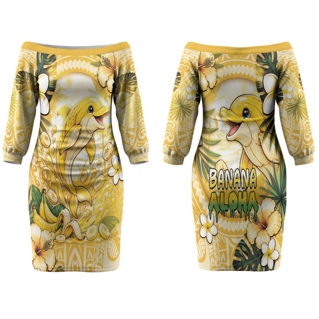 Hawaii Banana Dolphin Couples Matching Off The Shoulder Long Sleeve Dress and Long Sleeve Button Shirt Cute Cosplay Naiʻa Fish Tribal Patterns DT05 - Polynesian Pride