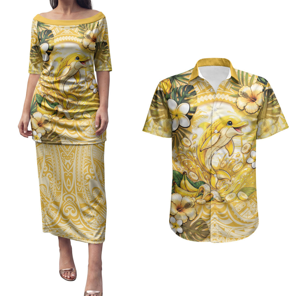 Hawaii Banana Dolphin Couples Matching Puletasi and Hawaiian Shirt Cute Cosplay Naiʻa Fish Tribal Patterns DT05 Yellow - Polynesian Pride
