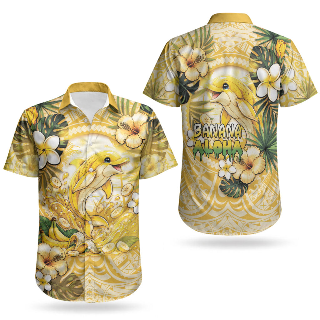Hawaii Banana Dolphin Couples Matching Puletasi and Hawaiian Shirt Cute Cosplay Naiʻa Fish Tribal Patterns DT05 - Polynesian Pride
