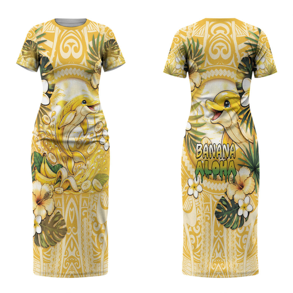 Hawaii Banana Dolphin Couples Matching Short Sleeve Bodycon Dress and Hawaiian Shirt Cute Cosplay Naiʻa Fish Tribal Patterns DT05 - Polynesian Pride