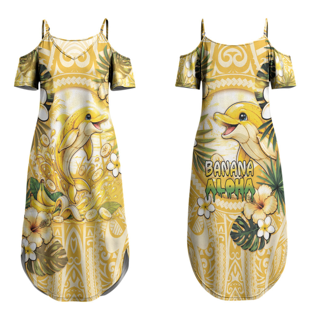 Hawaii Banana Dolphin Couples Matching Summer Maxi Dress and Hawaiian Shirt Cute Cosplay Naiʻa Fish Tribal Patterns DT05 - Polynesian Pride