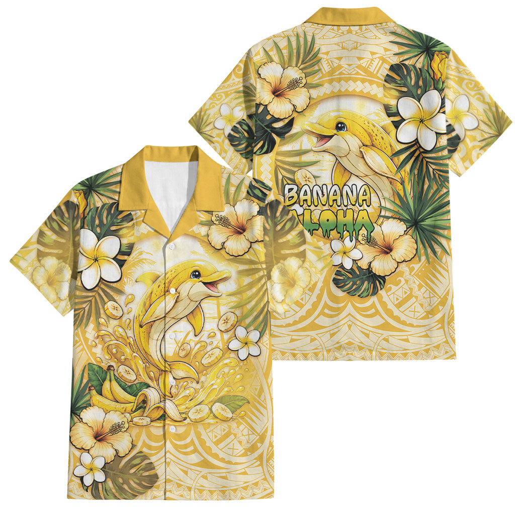 Hawaii Banana Dolphin Family Matching Puletasi and Hawaiian Shirt Cute Cosplay Naiʻa Fish Tribal Patterns DT05 Dad's Shirt - Short Sleeve Yellow - Polynesian Pride